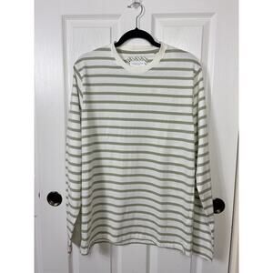 Denim & Flower Men's Long Sleeve White Green Striped Crewneck T-Shirt Size M NWT